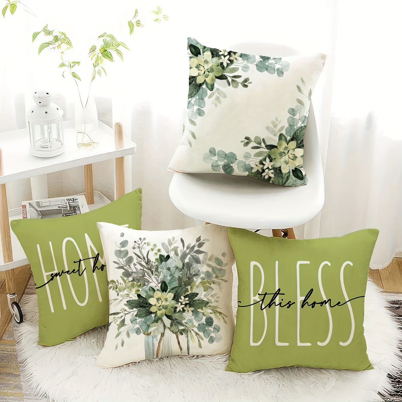 

4pcs Set Ultra Soft Short Plush Pillow Covers - 18x18 Inch, Contemporary With Green Botanicals, Zip Closure For Sofa & Car Decor (inserts Not Included)