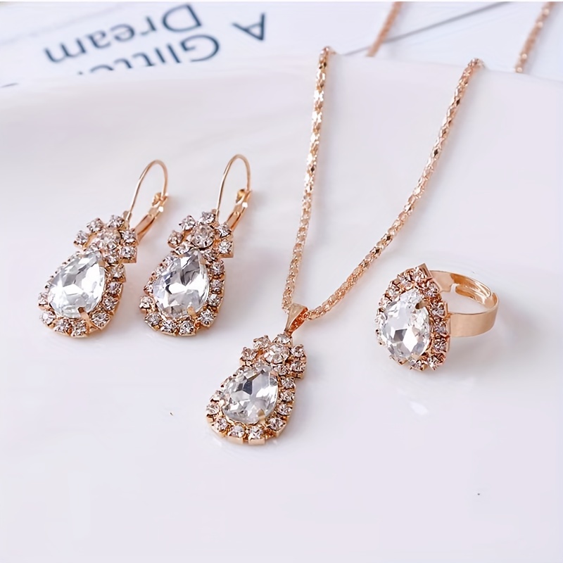 4pcs Water Drop Necklace, Earring & Ring Set for Women