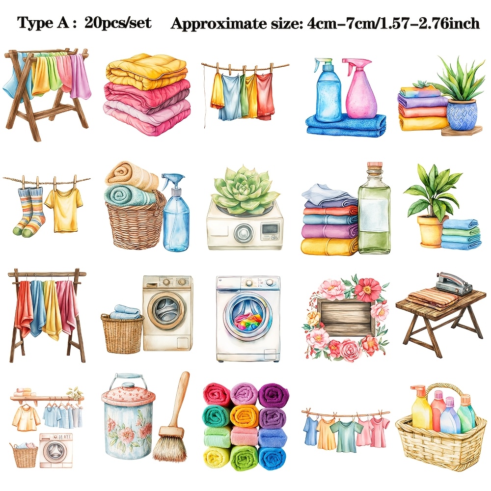 TEMU Ruonaorou 20pcs/set Laundry Room Theme Stickers Creative Drying Clothes Washing Machine Towels Stickers Diy Decorative Stickers Material High