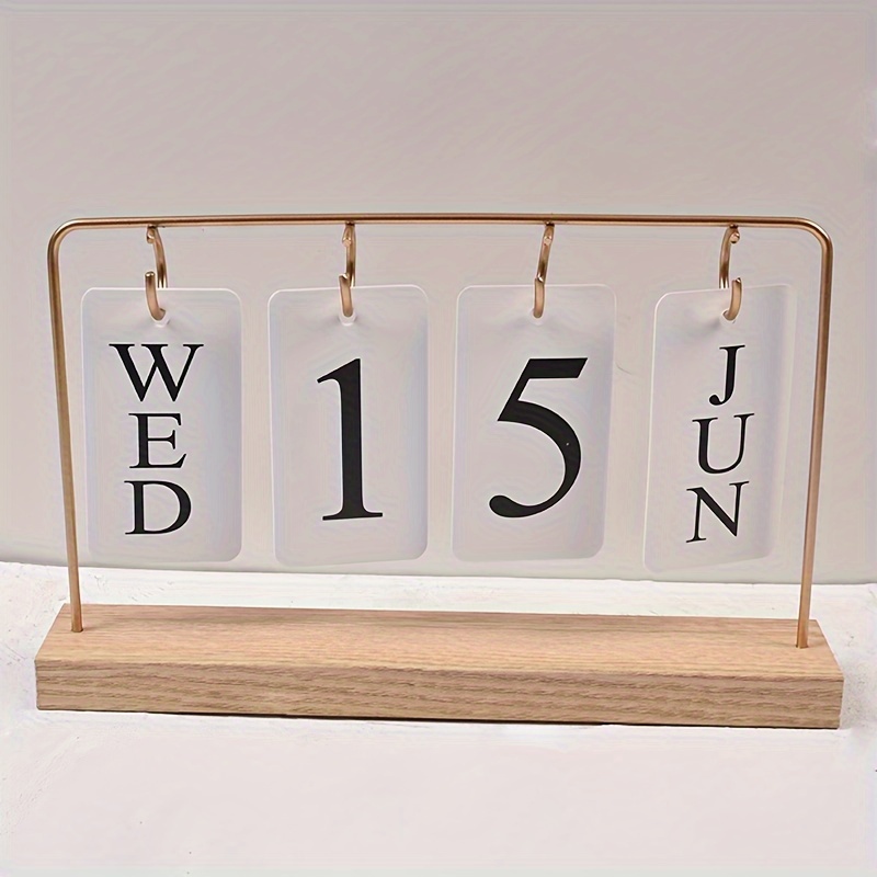 

1pc Stylish Metal Frame Wooden Base Perpetual Calendar, Desktop Decoration Calendar With Reusable Diy English Weekdays And Months Page Cards, Simple Desk Calendar Decor Ornament