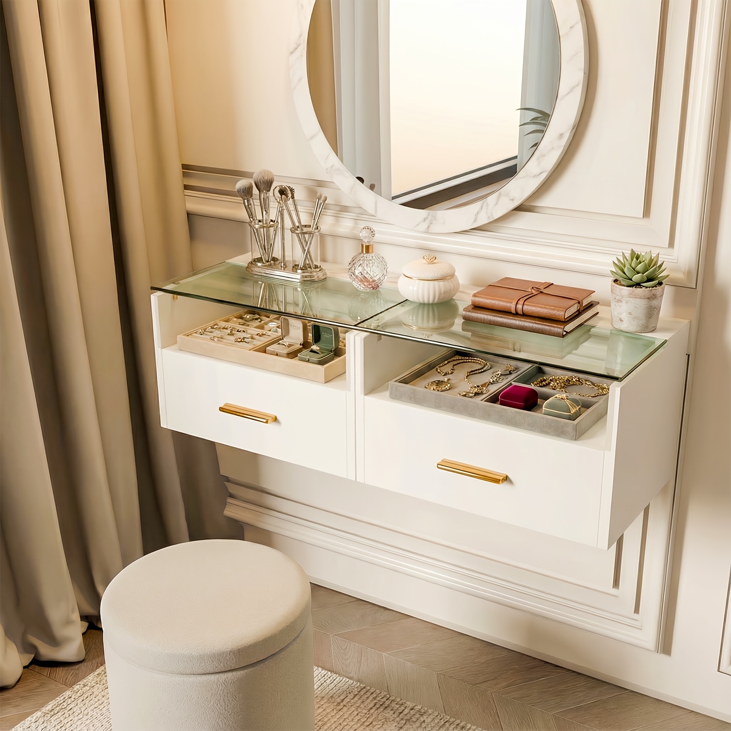 2pcs Modern Floating Wall Bedside Table With 1 Drawer & Glass Shelf - Space- Bedside Cabinet, Compact Bedside Desk Suitable For Small Spaces, Assembly, White/black ()