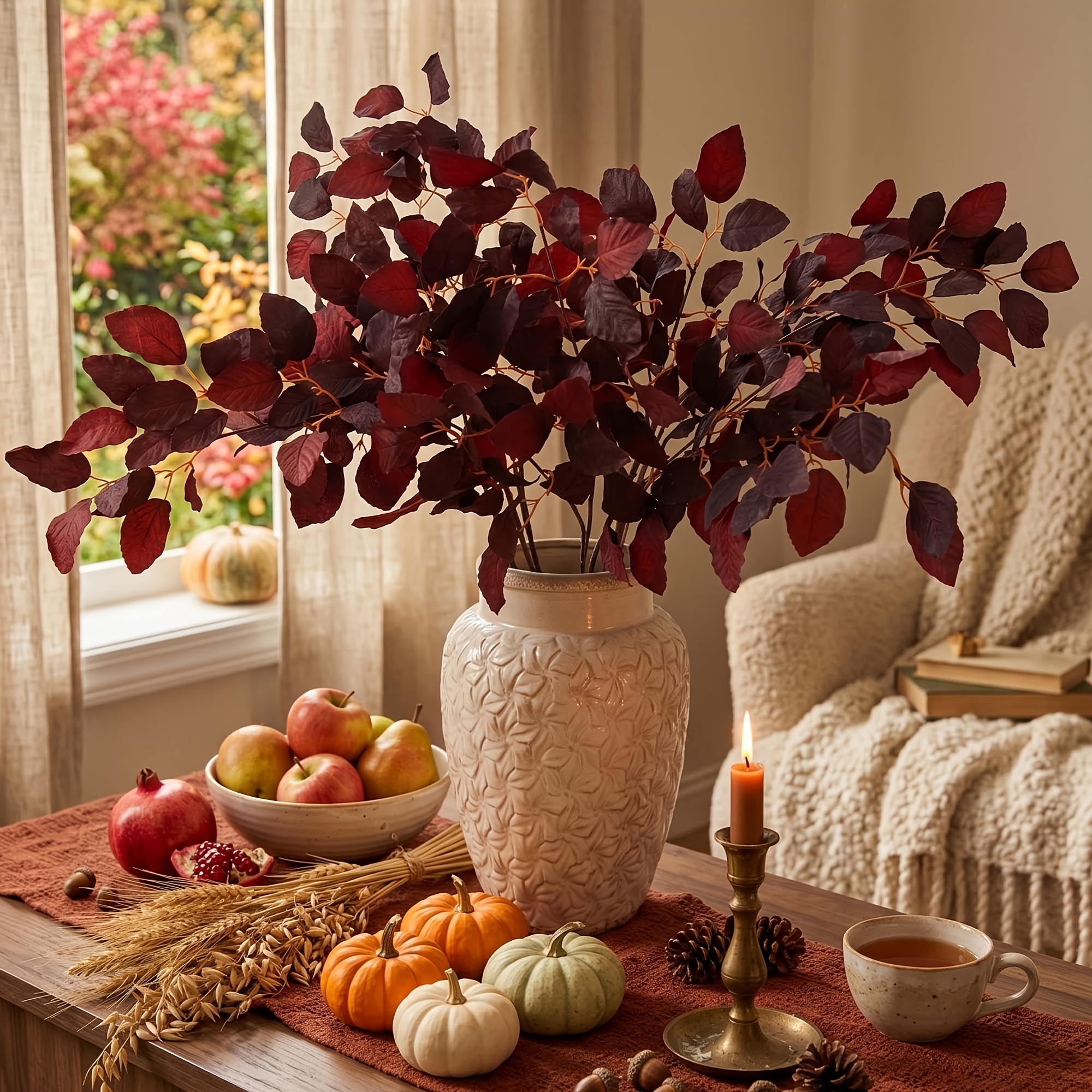 Image of 5pcs Artificial Fall Leaf Bouquet Decor, Fall Floral Arrangement, Faux , Suitable For Indoor Home, Office, Wedding, Table Centerpiece Decoration, And Autumn Atmosphere Decor.