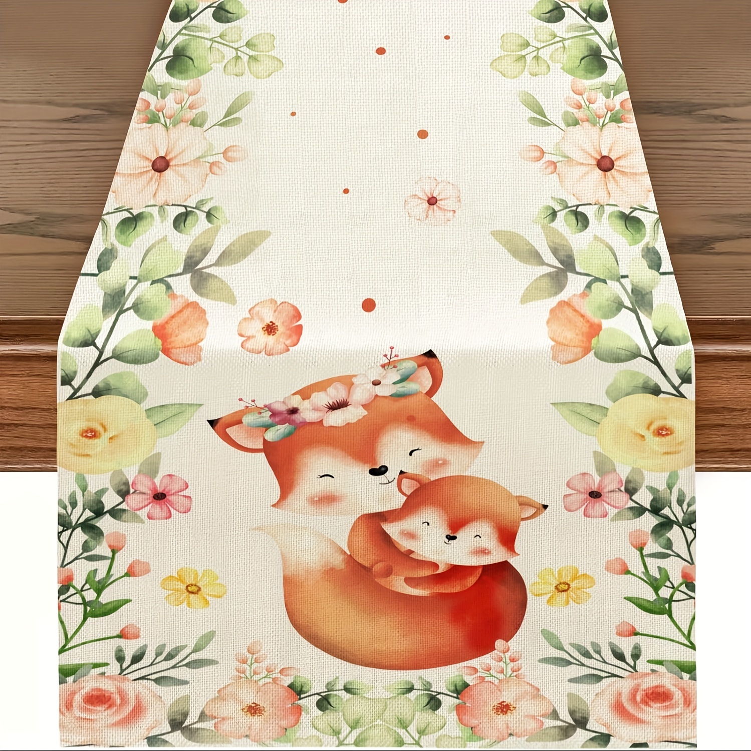 

1pc, Table Runner, Colorful Floral And Cute Fox Printed Table Runner, Summer Theme Dustproof & Wipe Clean Table Runner, Perfect For Home Party Decor, Dining Table Decoration, Aesthetic Room Decor