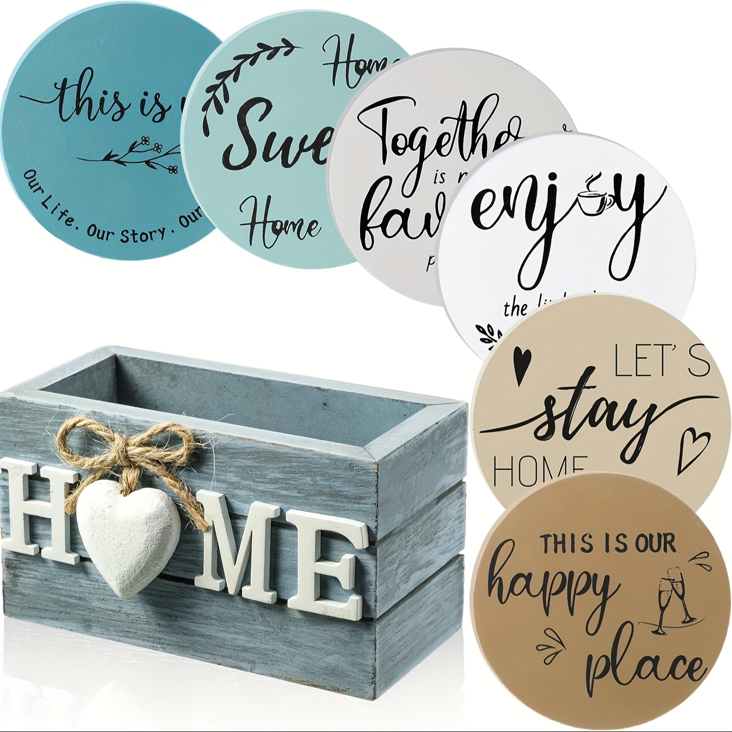 

6pcs/set, Housewarming Gifts For Home Decor, Wooden Heart-shaped Coasters For Drinks, Farmhouse Coasters With Holders For Fun Family Friends Coffee Table Protection