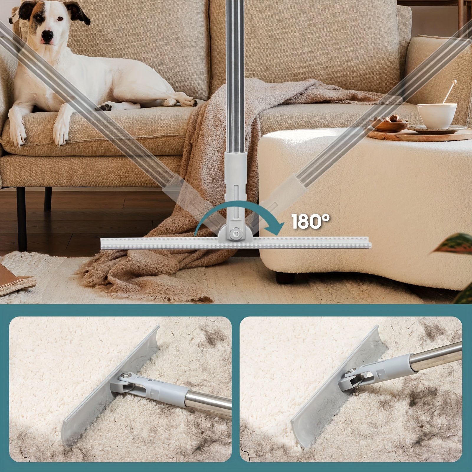 Rubber Broom Carpet Rake For Pet Hair Removal, Reusable Cat Hair