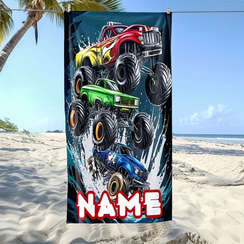 TEMU 1pc, Customizable Beach Towel With American Off-road Truck Element Pattern, Red Color Scheme Easy To Clean And Aesthetic Special, Suitable For
