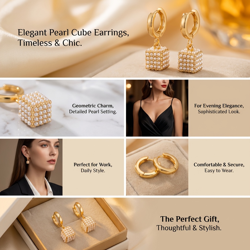 A Pair of Elegant Golden Cube Drop Earrings - Bridal Jewelry, Luxurious and Fashionable Copper Jewelry for Daily Wear and Party Accessories, Geometric Jewelry 2026