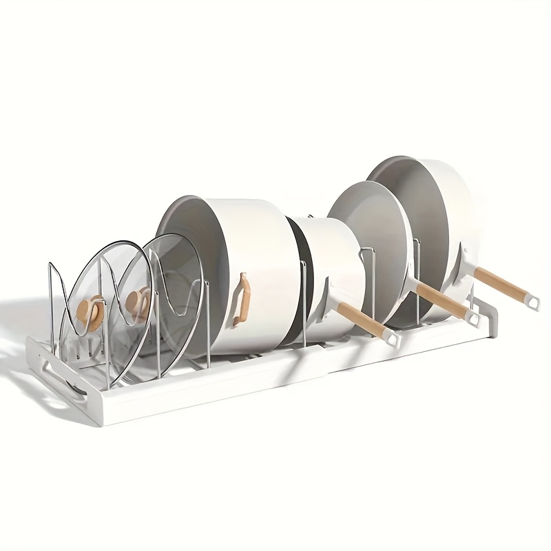 Single Piece Pot Lid And Pan Organizer, Adjustable Storage Rack For Pots And Pans , Features 10 Sections For Holding Cutting Boards, Lids, Plates, Cooking Tools, And Kitchen Pot Storage Items