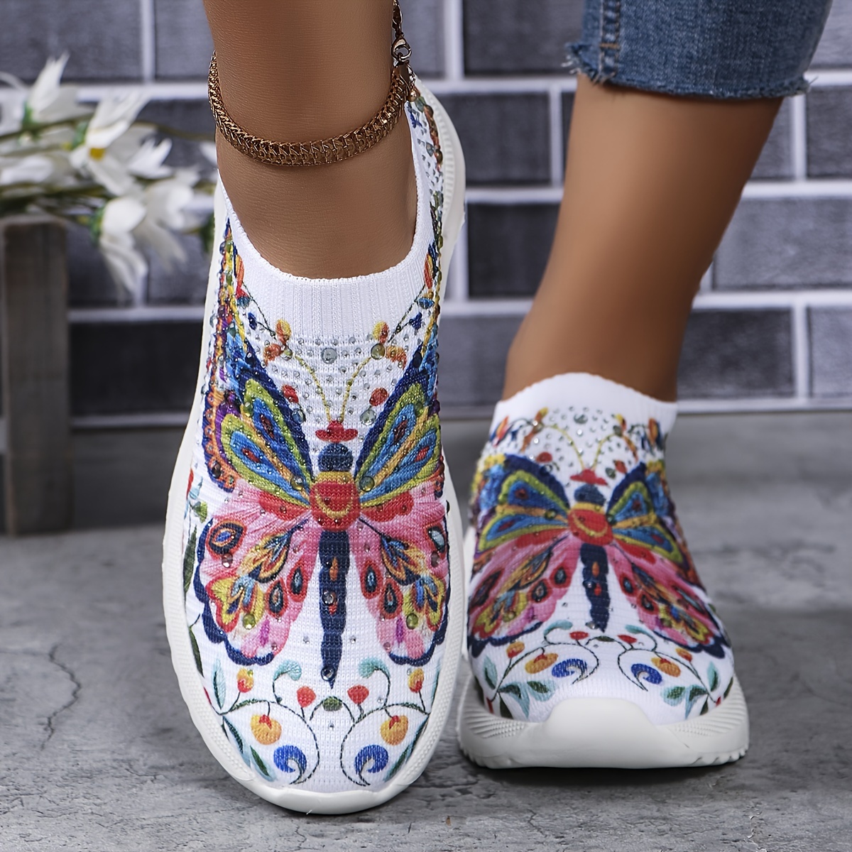

Women's Butterfly Pattern Platform Sneakers, Breathable Knit Slip On Outdoor Shoes, Comfortable Low Top Sport Shoes