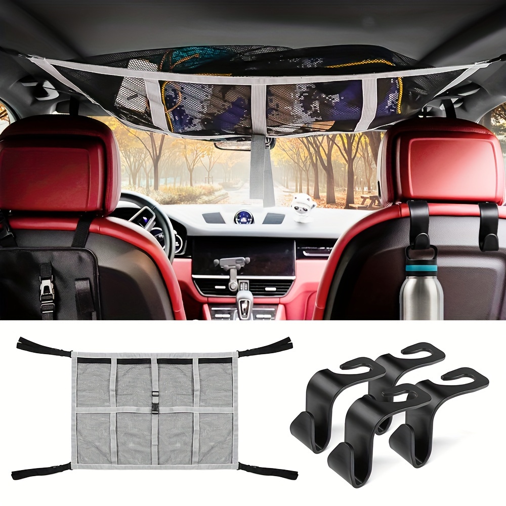 Car Interior Ceiling Cargo Net Bag, 35x25 Adjustable Double-Layer Mesh  Roof Organizer with 4PCS Car Seat Hooks, Zipper and Drawstring Design