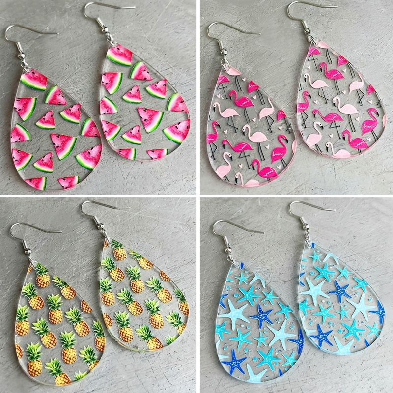 TEMU 4 Pairs Of Flamingo Starfish Pineapple Watermelon Pattern Teardrop Shape Earrings, Beach Vacations Style Jewelry Holiday Earrings For Women.