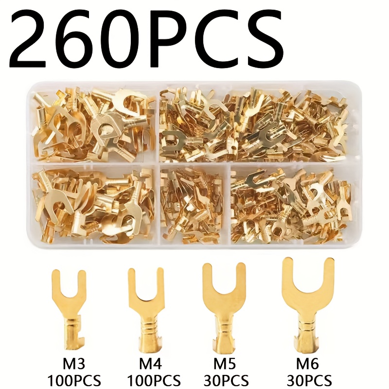 TEMU 260pcs In 4 Sizes, Brass Fork Spade U-type Non-insulated Wire Connectors Are Easy To Transport. Suitable For M3, M4, M5, And M6 Electrical Crimp