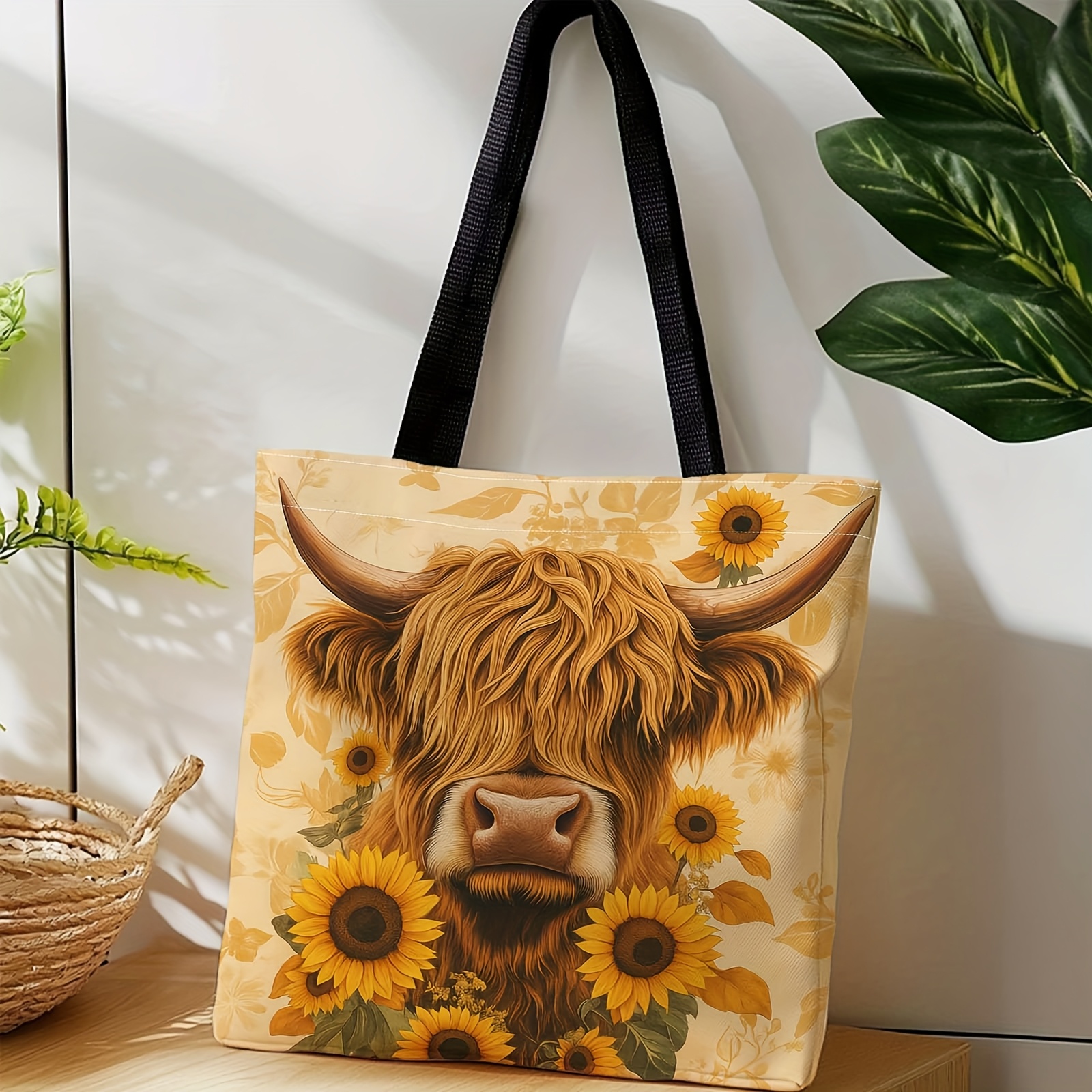 TEMU 1pc Scottish Highland Cow Tote Bag - Double-sided Sunflower & Cow Print Shoulder Bag, Portable Gift Suitable For Travel, Picnic, Grocery
