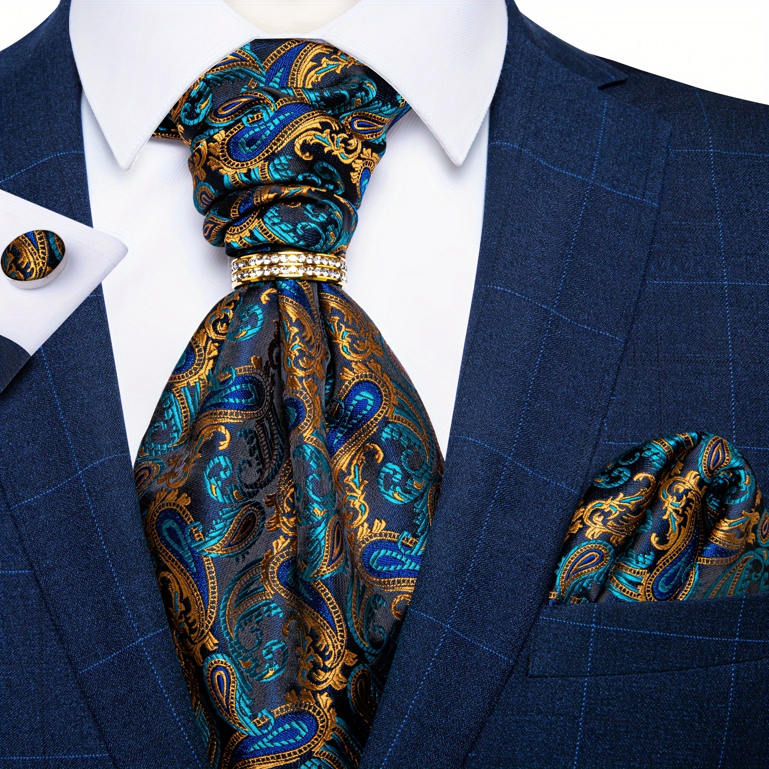 Men's Paisley Self-Tie Ascot Cravat – Black, Red & Royal Blue, One Size Fits Most