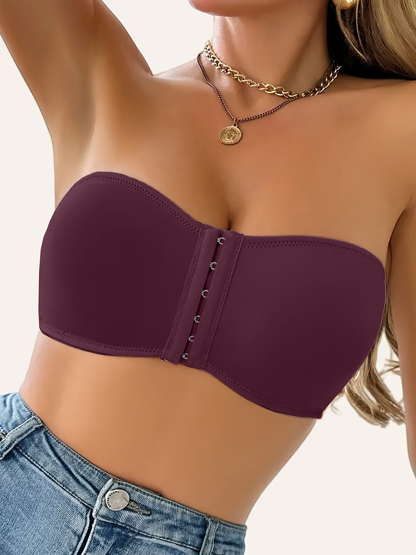 1pc Women's Seamless Bandeau Bra, Polyamide 90% Elastane 10%, Solid Color, Wireless, Front Closure, Removable Pads, Soft Breathable Comfort Fit, Anti-Slip - Spring/Summer Collection, Strapless Bra