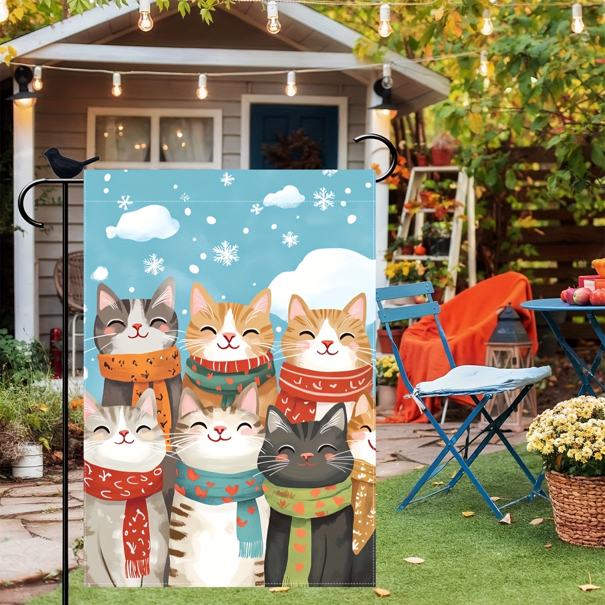 

1pc Winter Christmas Cat Garden Flag - Polyester 12x18 Inch Double-sided Decorative Seasonal Flag For Lawn And Garden, Festive Feline Design, No Electricity Needed