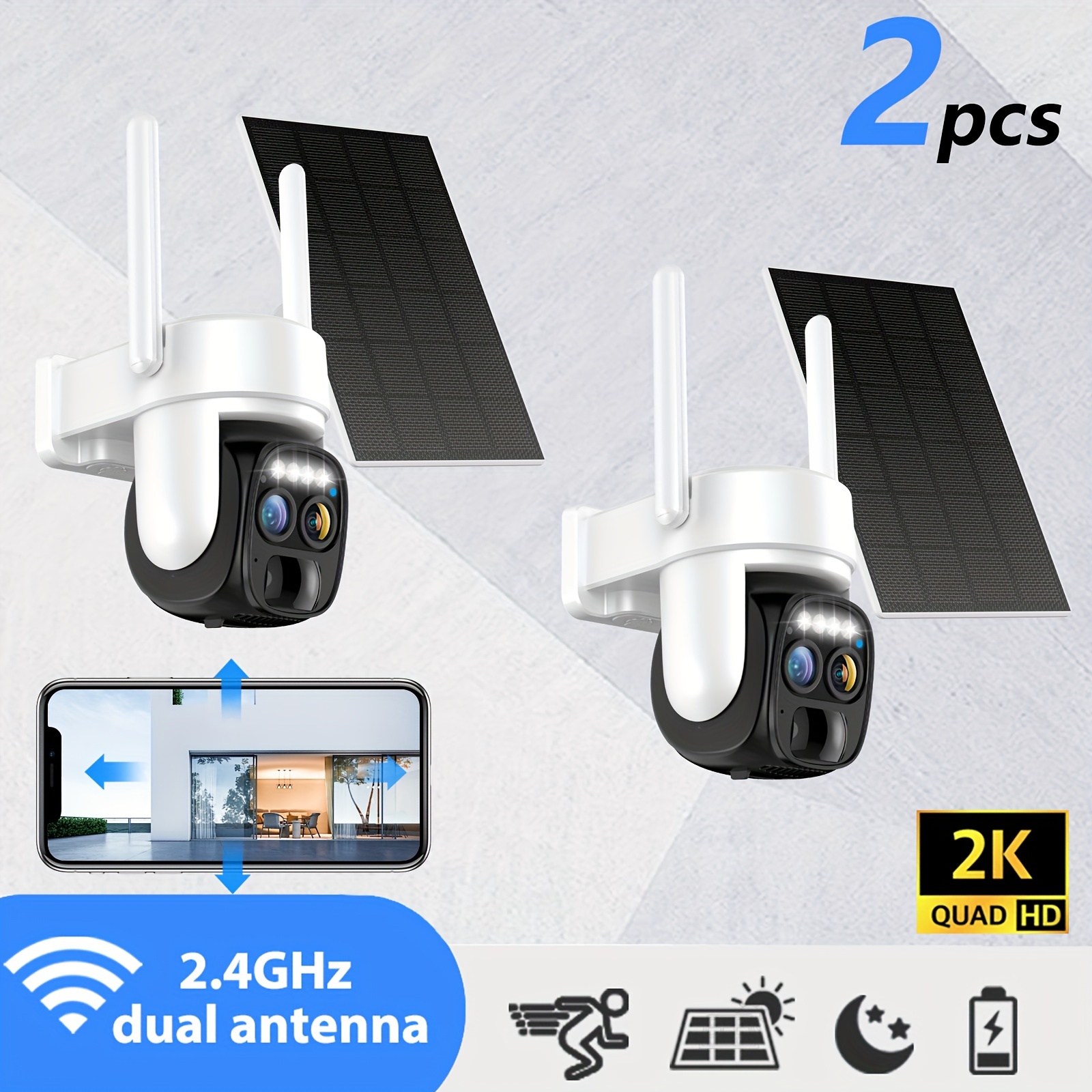 

2pcs Solar Safe Wireless Outdoor Camera With Dual Lenses, 10x , 360 Pan/tilt Control With 2k , Audio, 2.4gwifi With Spotlight Alarm Pir Motion Detection, Ptz Ip66 Waterproof.