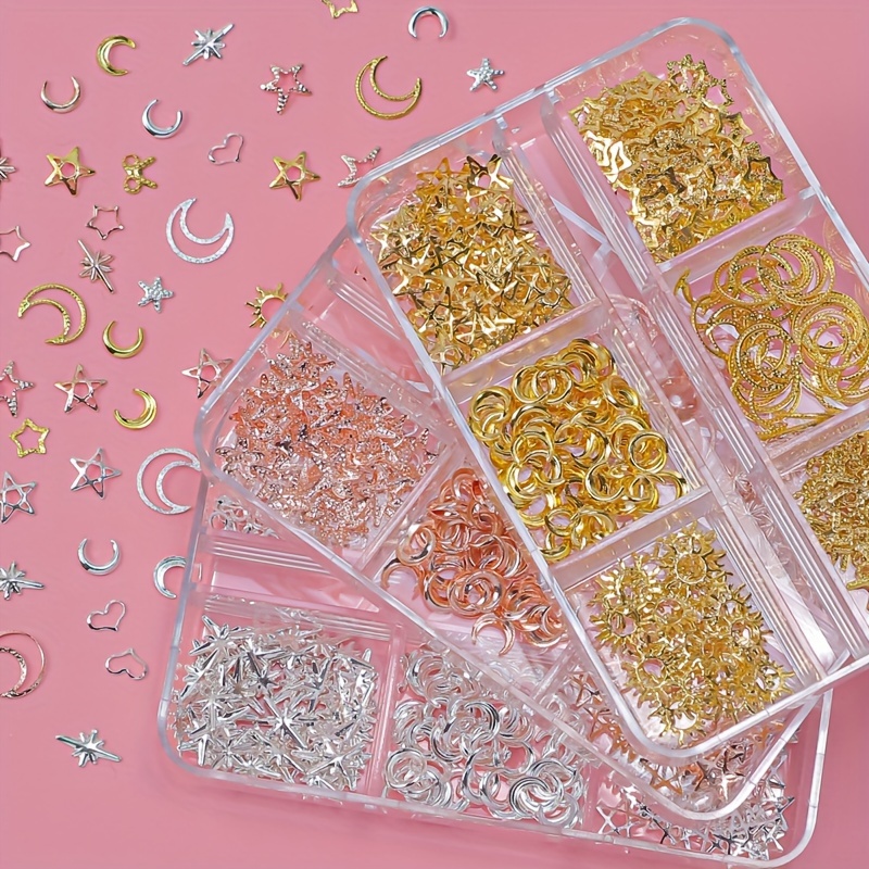 

Accessories For Diy Crafts Including 3d Copper Nail Charms Shaped Like Stars, , Flowers, And Bows, Jewelry Making And Nail Art Decoration In Golden, Silvery, And Rose Golden.