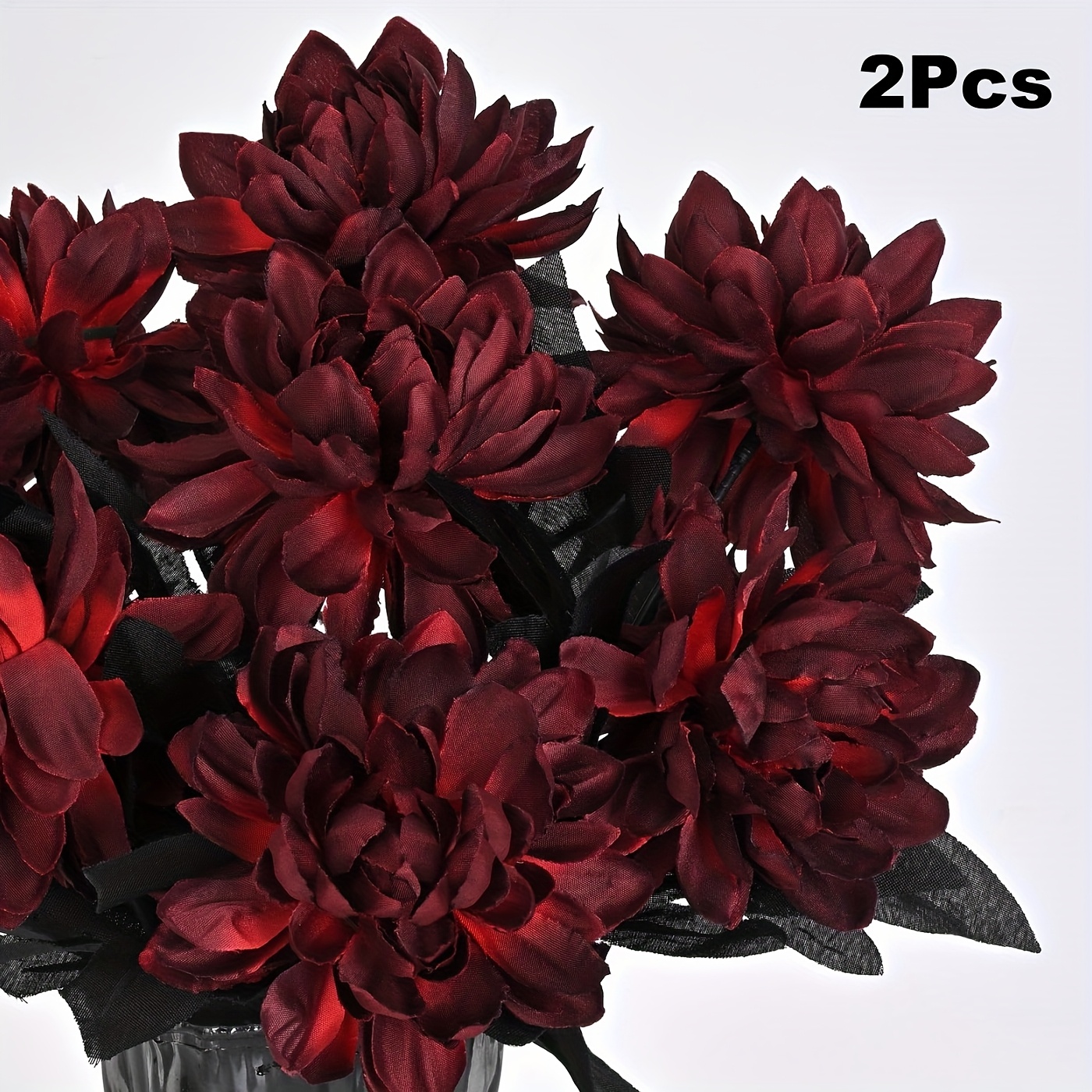 Image of 2/4pcs Artificial Dahlia Bouquet With Long Stem, Wine Red Fake Flower Floral Arrangements Wedding Bridal Bouquet For Halloween Table Centerpieces Home Decorations