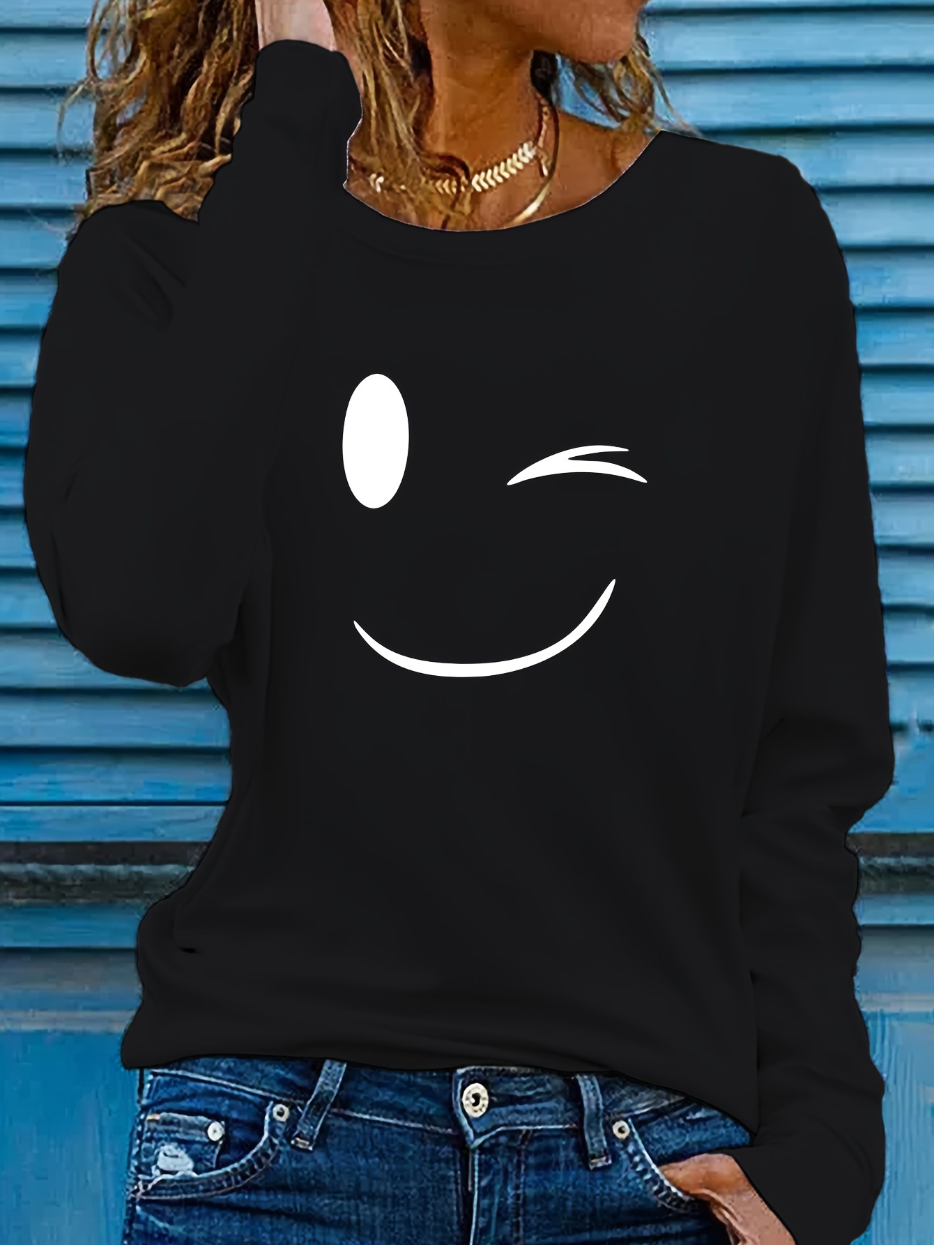 Women's Casual Long Sleeve Crew Neck Graphic Print T-Shirt - Playful joyful Face Design, Slim Fit, Soft Breathable Fabric for Spring & Fall, Versatile Everyday Top, Ladies T Shirts, Wink Motif Apparel, Highquality