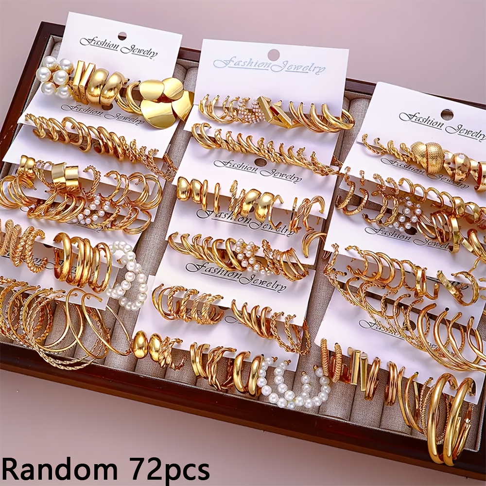 TEMU Random 72pcs Of Elegant Retro Design Geometric Square Twist Pearl Round Piece Women's Fashion Daily Matching Gift Earrings Set (excluding Box)