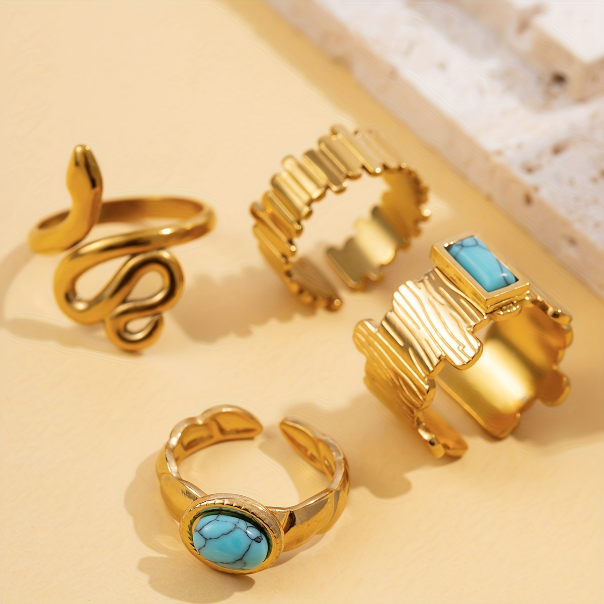Image of 4pcs Set Of Stainless Steel Turquoise Inlaid Stacking Rings, Featuring Elegant And Sexy Polished Turquoise Rings In A Minimalist And Versatile Style