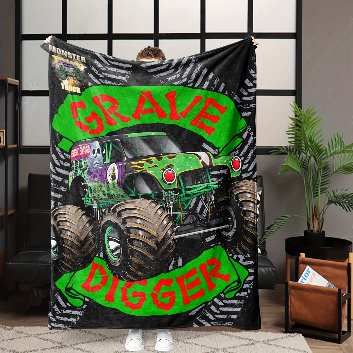 

Grave Digger Monster Truck Flannel Throw Blanket - Contemporary Anime Style, All-season Warm Lightweight Multipurpose, Machine Washable, Knitted Polyester, Printed Pattern With Unique Embellishments