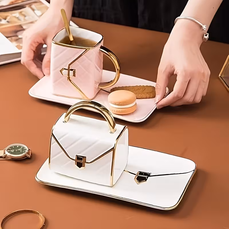 1 bag shaped dessert ceramic cup with spoon and saucer set breakfast coffee mug and plate set handheld for office home coffee tea hot chocolate and latte Product details 7