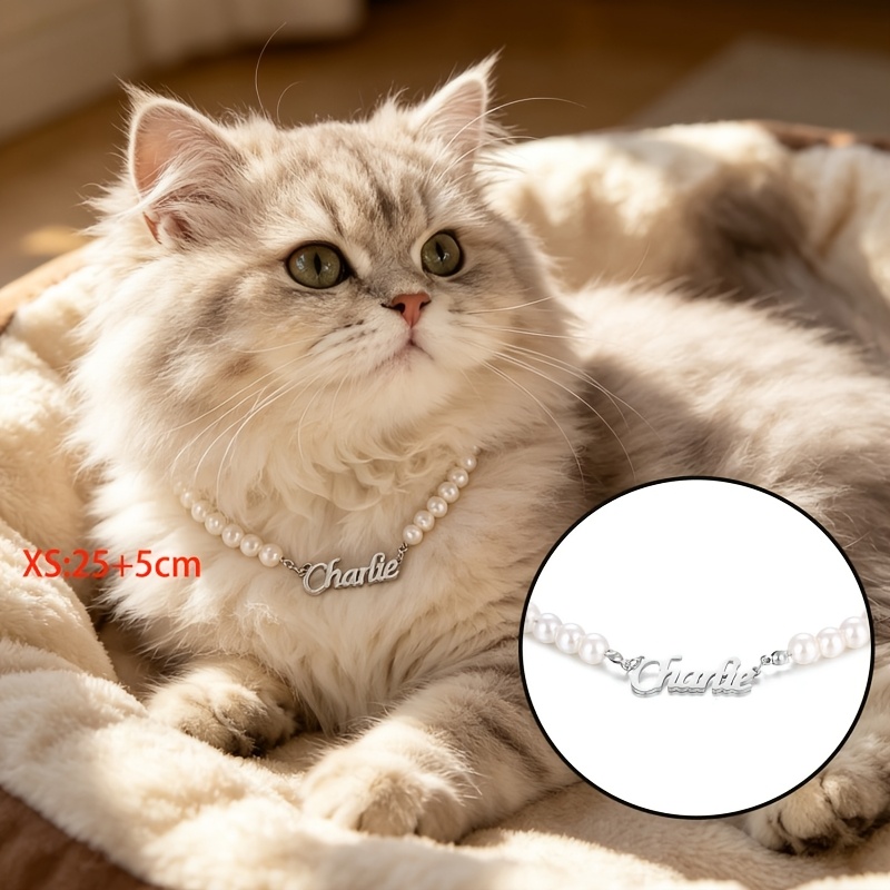 TEMU Custom Stainless Steel Name Pet Necklace Personalized Fashion Gorgeous Pearl Chain Suitable For Wear Gift For Dog Lover Gift Mother's Day Gift