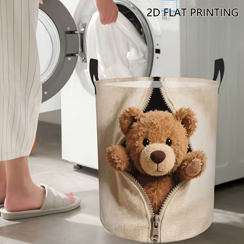 TEMU Panier à linge sale pliable 1 pièce, motif créatif d' en peluche avec fermeture éclair, panier à linge sale rond adapté pour salle de bain et