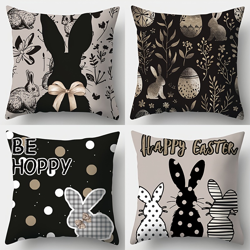 

4pcs Modern Easter Bunny Pillow Covers, Black And Print, Zippered Decorative Cushion Cases, Woven Polyester, Machine Washable, Contemporary Style For Living Room Sofa, 17.7"x17.7" (no Insert)