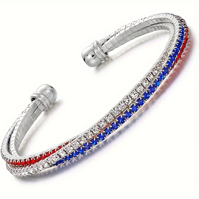 

Silver-plated Simple Copper Cuff Bracelet With Red, White, And Blue Rhinestones, Bohemian Retro Style, Fashion Accessory For Independence Day Celebrations And Festive Occasions