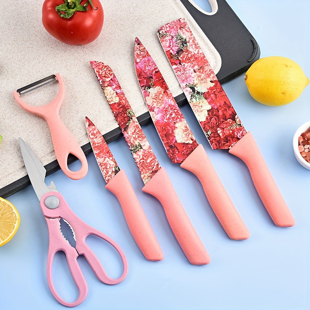 

Knife Set, 6pcs Colored Printed Wheat Straw Pink Designs Kitchen Knife Set, Color-coded Coated Stainless Steel Kitchen Knives, Dishwasher Safe