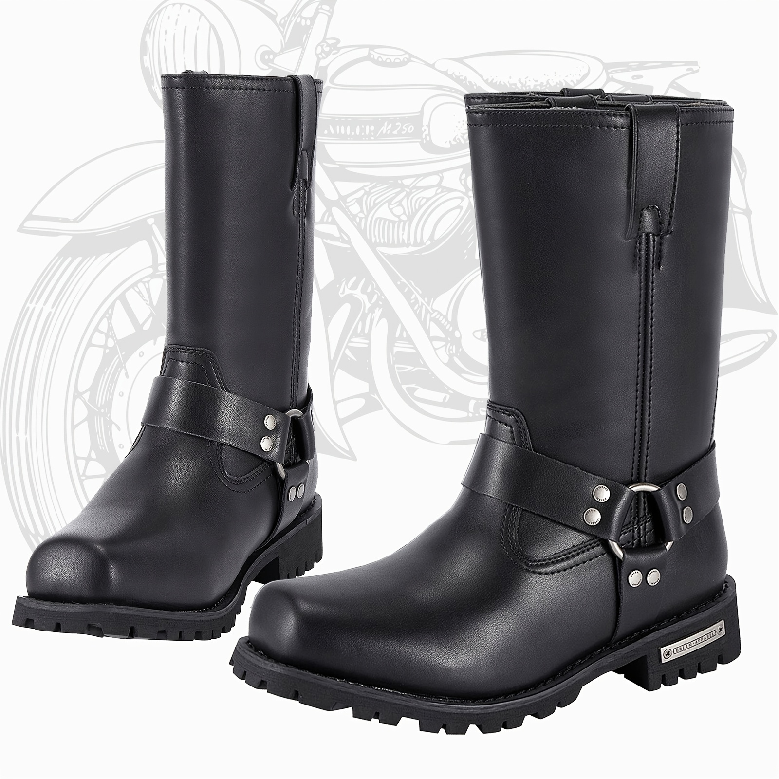 [men's Motorcycle Boots] Men's 11in Harness Motorcycle Boots, Dream Apparel, Pu Leather, Non-slip, Square Toe, Abrasion Resistant, Mid-calf Biker Boots For Riding Shoes