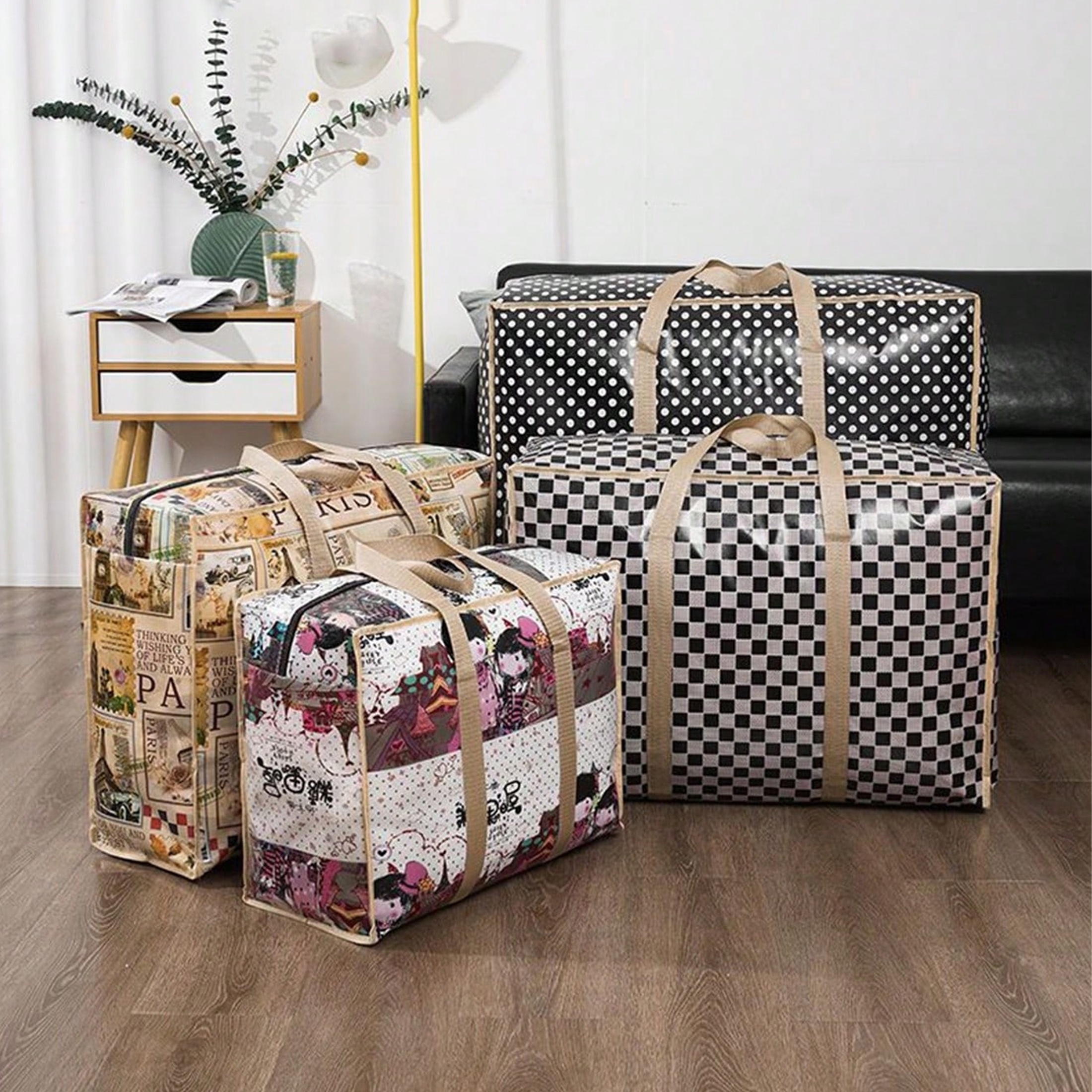 1pc Vintage Fabric Foldable Storage Bag, Dark Brown, with Strong Zipper and Handle, Space-Saving, HEART LEAF Brand, with Random Printing and Edge Paint, for Moving, Travel, Back to School