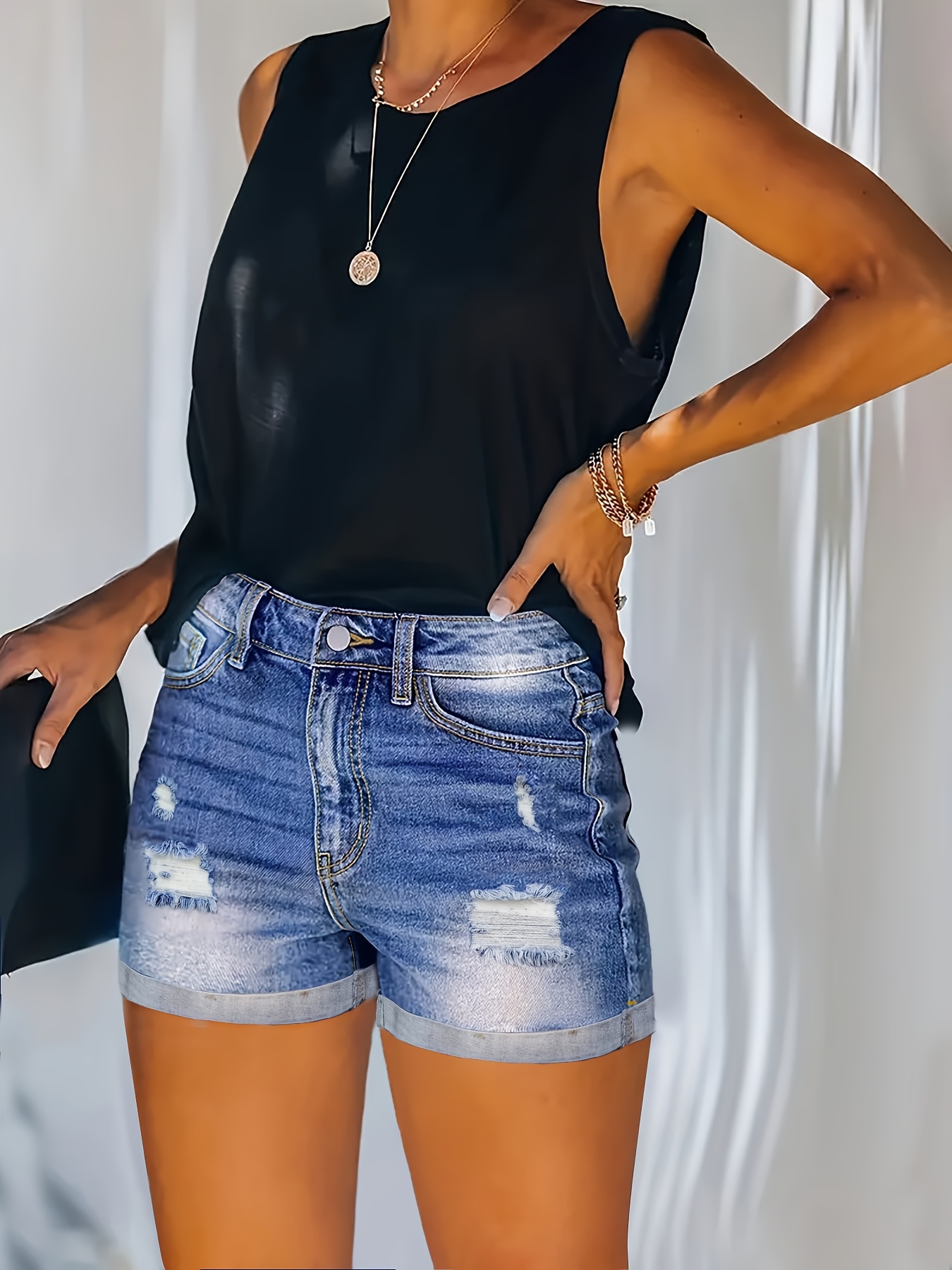 women's high waist ripped denim shorts distressed blue Temu Germany