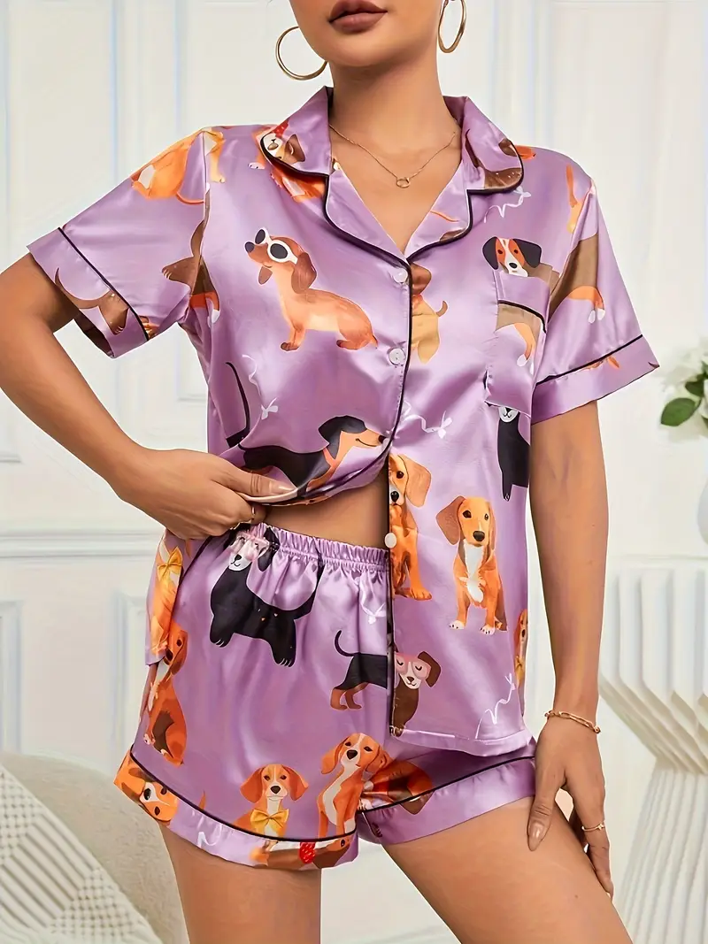 2 satin purple cute puppy sleepwear set womens short sleeved stand up collar top and shorts sleepwear 2 set Product details 1