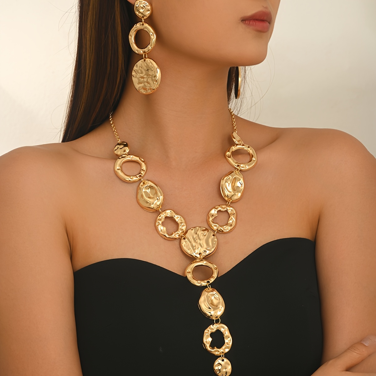 TEMU Un ensemble de collier et de boucles d'oreilles patchwork géométriques en métal
