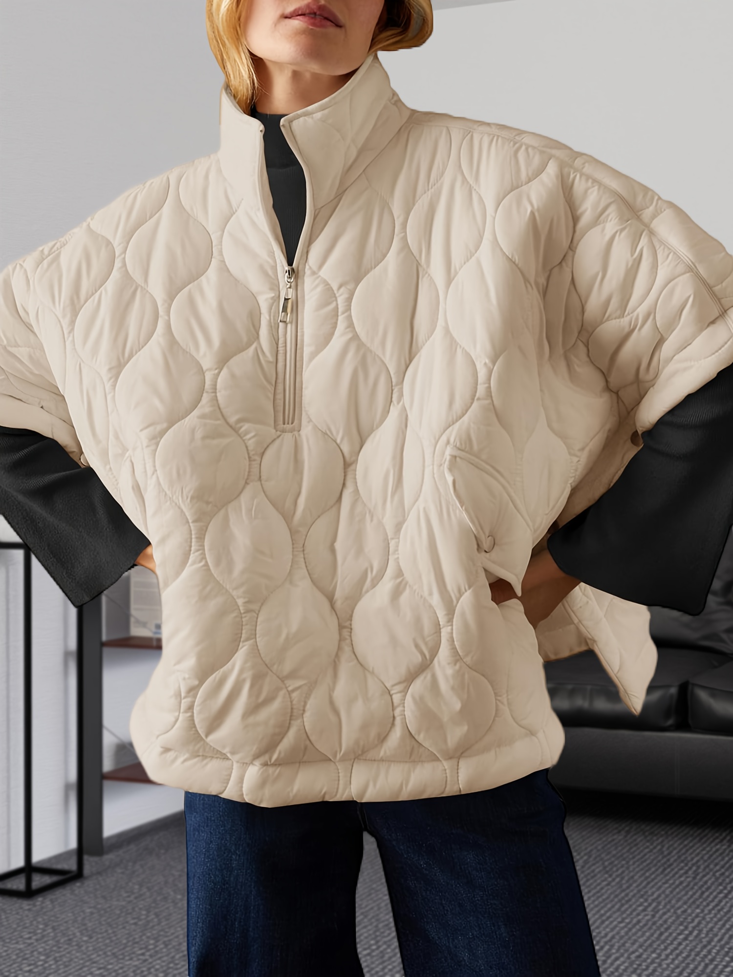Women's Puffer Poncho Pullover Quilted Jacket Short Sleeve Half Zipper Coat  Cape Outerwear