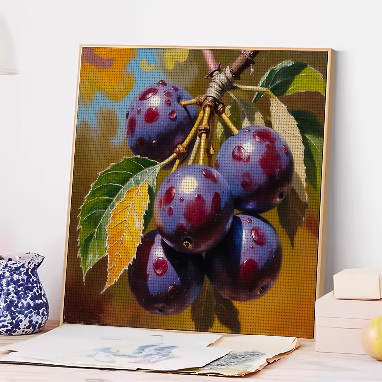 DIY Cross-stitch Printed Kit, Unframed Purple Plum Design