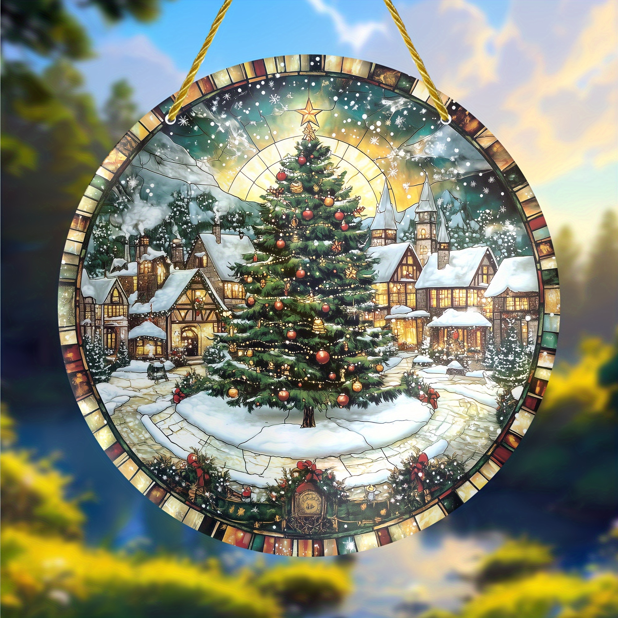 

Christmas Holiday Suncatcher - 8" Decorative Hanging Window Art With Festive Tree, Scene, High-quality Material, Ideal For Home And Office Decoration, Birthday And Housewarming Gift