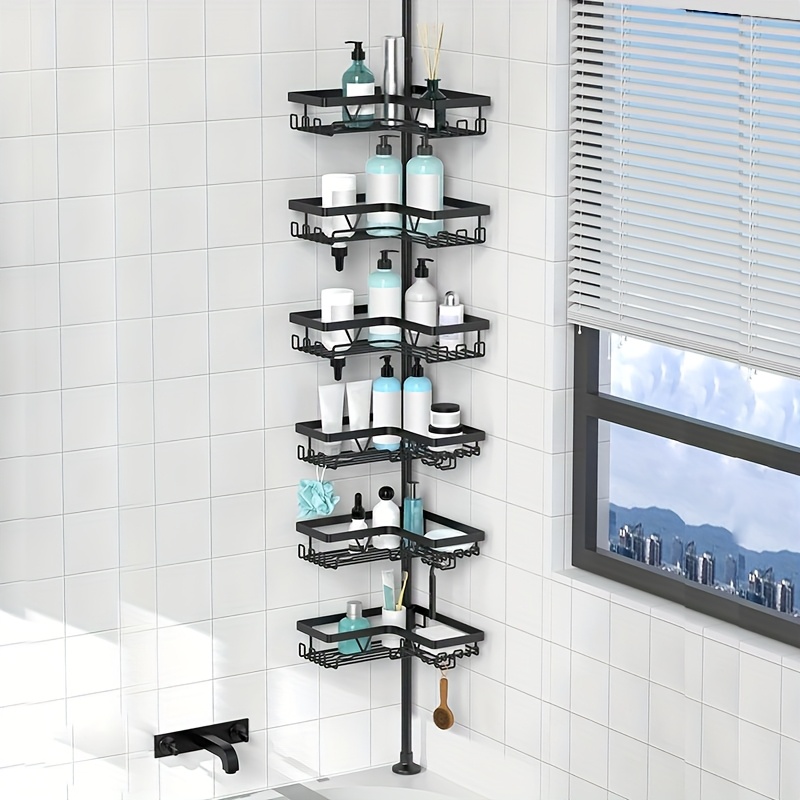 TEMU 1pc 6-story Ceiling Standing Corner Bathroom Storage Rack, Non Perforated Retractable Shower Corner Bathroom Storage Rack, With Hook Soap And