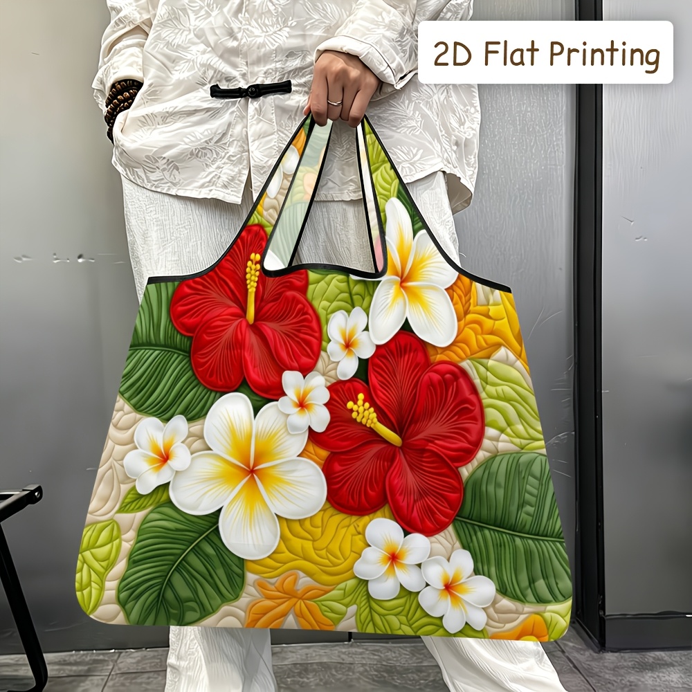 TEMU 2d Flat Printing, 1pc Foldable Tote Bag, Colorful Tropical Flower Decor Quilted Printed Tote Bag, Soft-shouldered, Hand-held, Reusable, Durable,