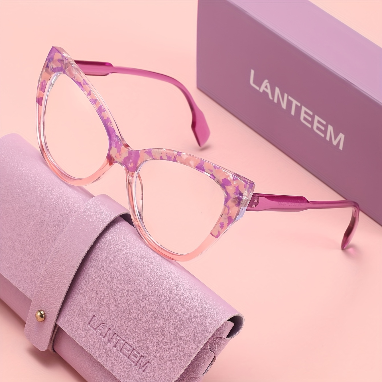 TEMU (Étui de lunettes et boîte extérieure gratuits) 1 Paire de lunettes de mode œil de chat, décoration imprimée, de femme, matériau de haute