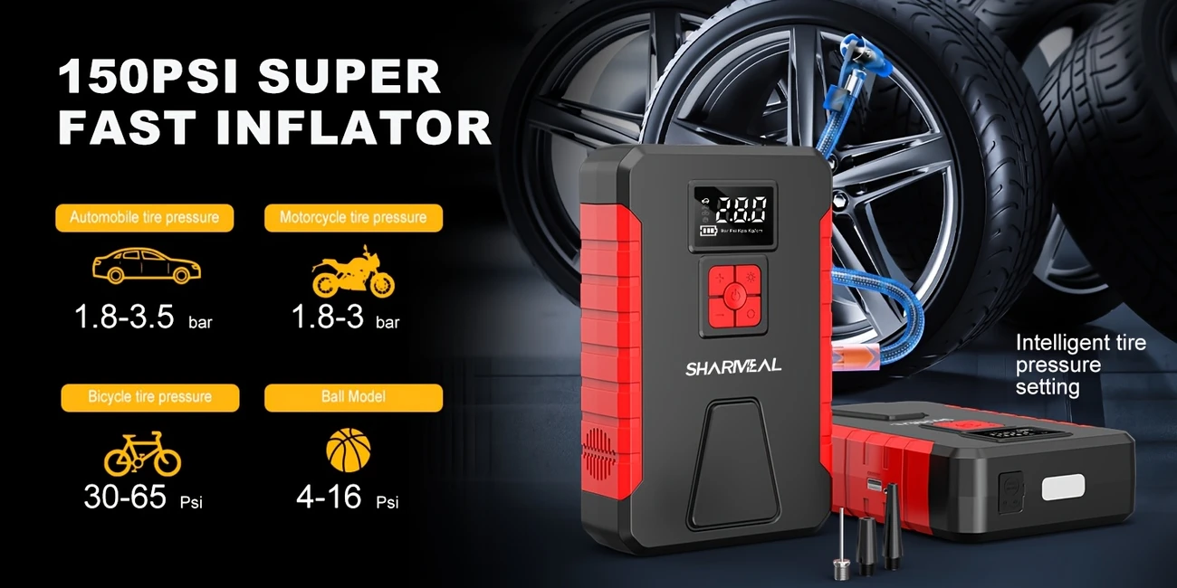 sharweal 4500a peak automotive jump starter 150psi tire inflator air compressor car jump starter emergency battery booster compressor with real time pressure monitoring led safety light usb c power bank details 1