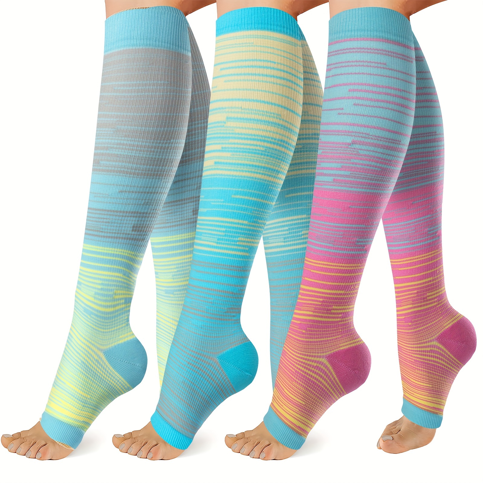 

3 paires de chaussettes de compression à bout ouvert, bas jusqu'aux genoux pour femmes et hommes, soutien de la circulation, design de couleur dégradée, utilisation pour le fitness et les voyages