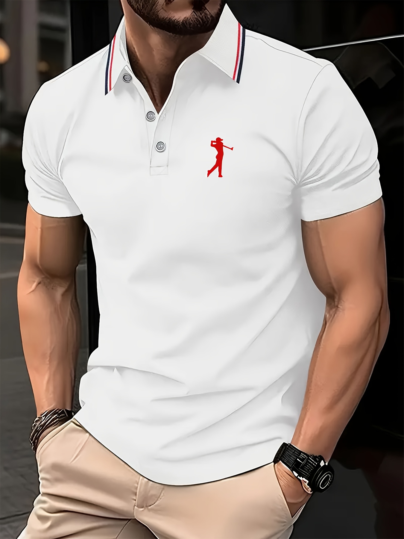 Men's Short Sleeve Shirt - White with Red Golf Print, Striped Collar & Cuffs, Breathable Summer Golf & Casual Wear, Machine Washable Regular Fit, Durable Fabric