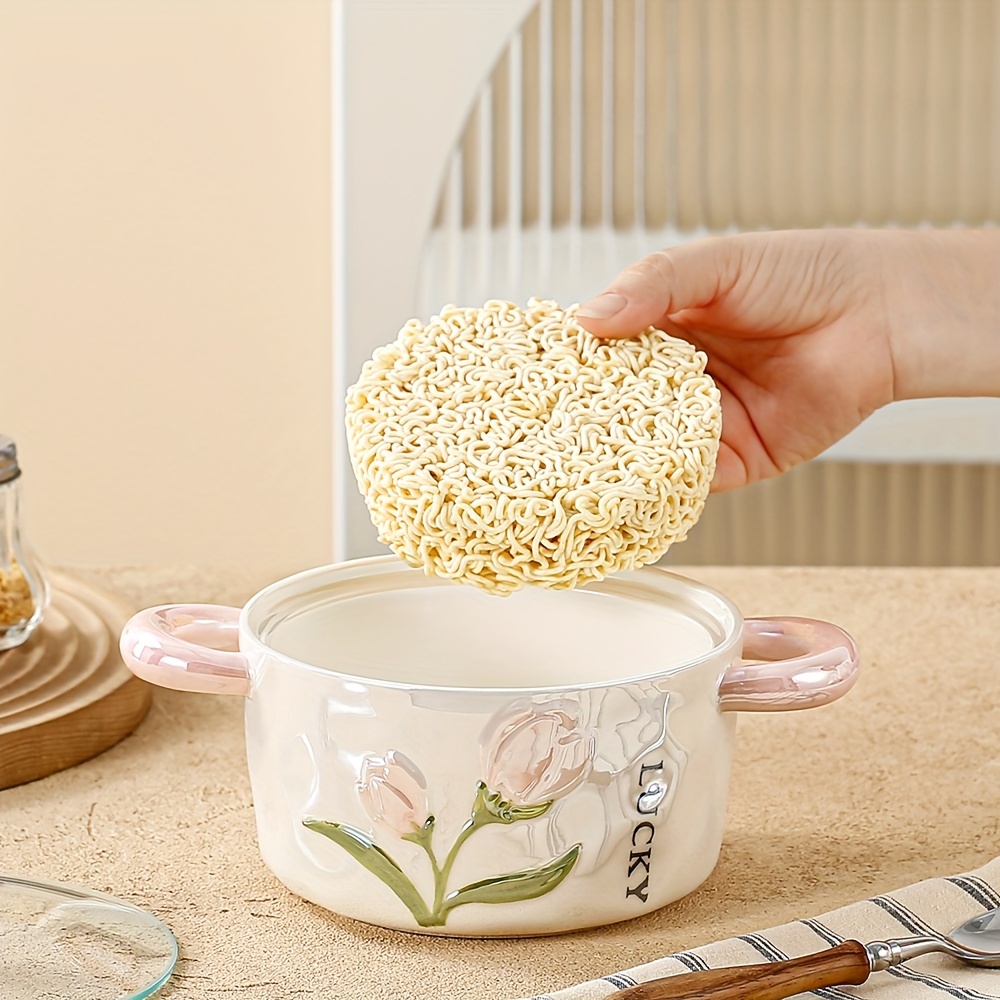 1Pc Ceramic Bowl With Lid Pearl Glazed Tulip Double Ear   Creative And Cute Soup Bowl Rice Bowl Instant Noodle Bowl Fruit Bowl Used For   And Restaurant   Kitchen Supplies Tableware Accessories Product Details 4