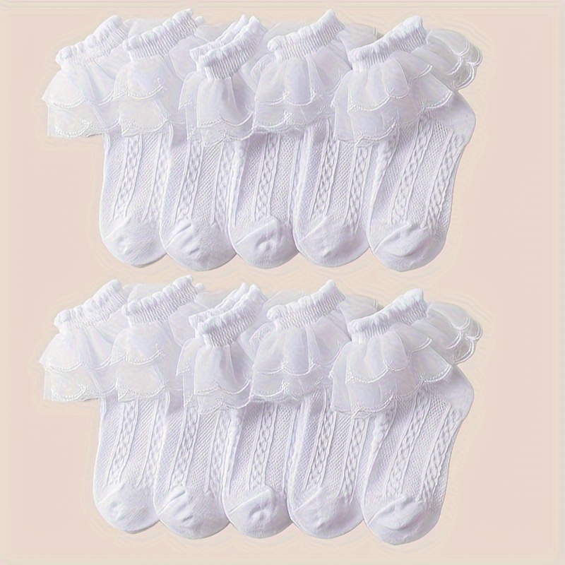 TEMU 10 Pairs Of Girls' White Lace Trim Princess Socks, Versatile, Comfortable, Breathable Short To Mid-calf Socks