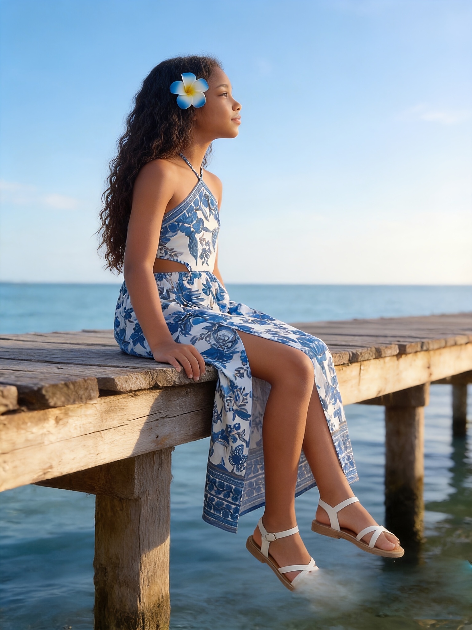 KIDS Young Tween Girl Floral Print Halter Open Back High Slit Hollow Out  Waist Long Beach Dress for Summer